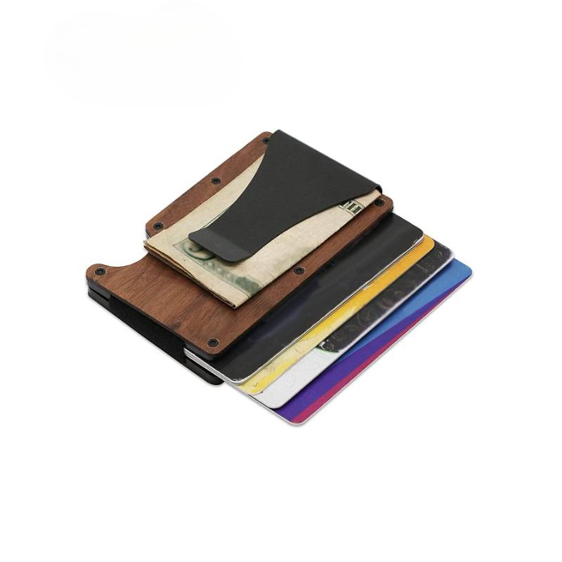 2024Hot Sale RFID Blocking Men's Wooden Wallet ultra thin Metal Money Clip for men Minimalist wooden aluminum Wallet card holder