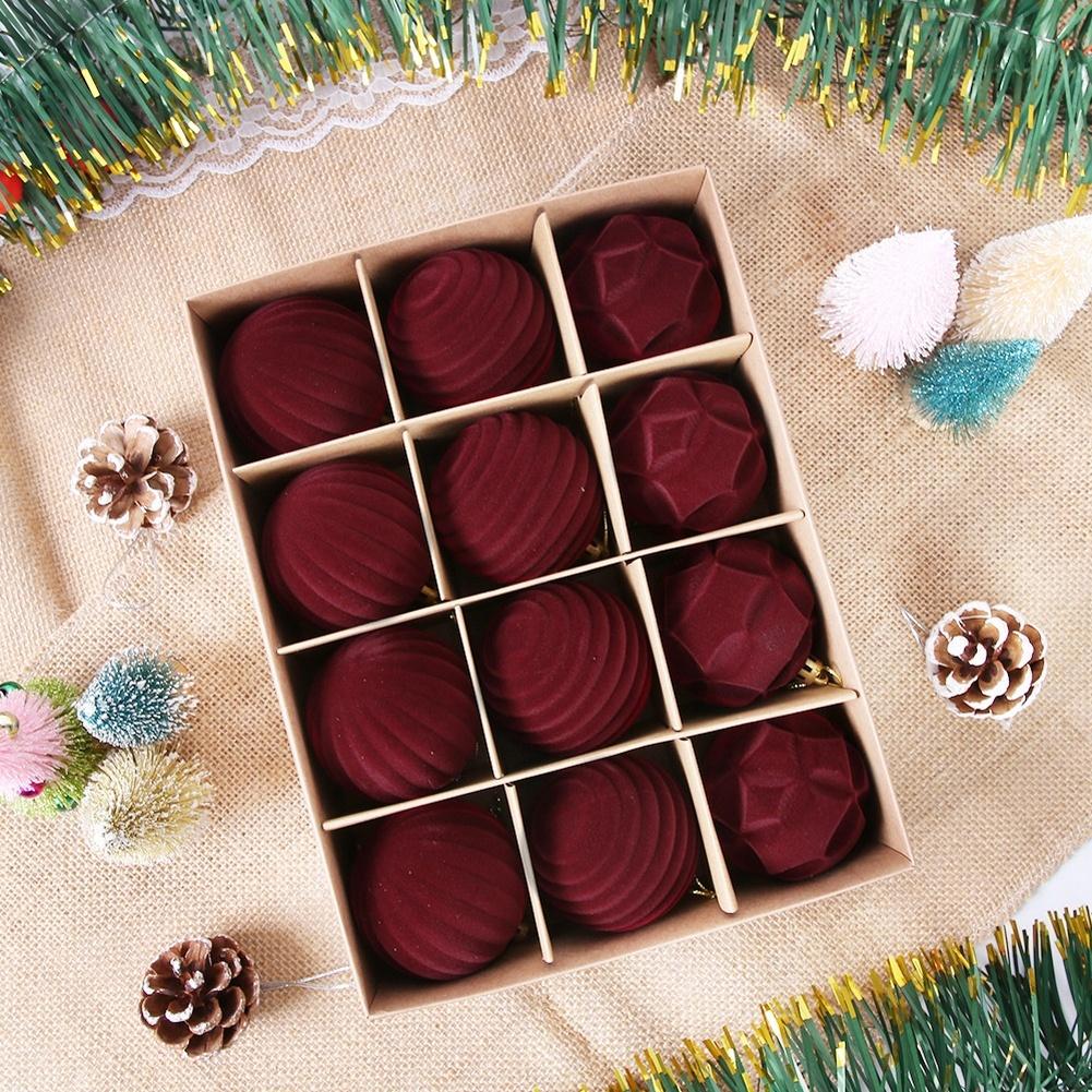 12 Pcs Burgundy Flocked Christmas Ball Ornaments Set, 6 Cm Velvet Finish Plastic Decorations For Holiday Tree DIY Display