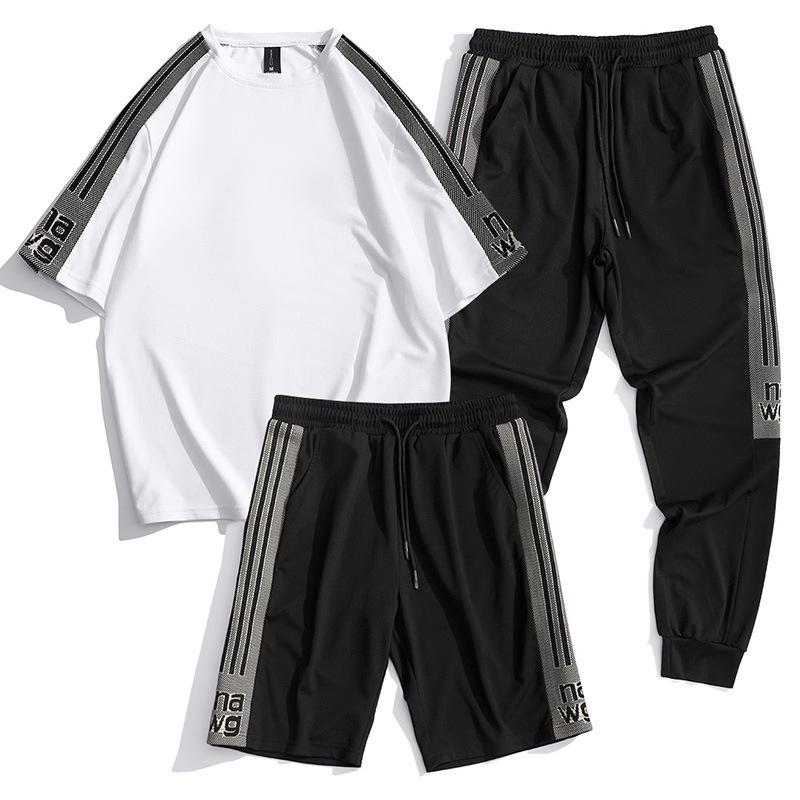 

Tian Si Roman Ice Silk футболка с коротким рукавом Длинные брюки комплект из ледяного шелка Мужская летняя футболка из трех предметов