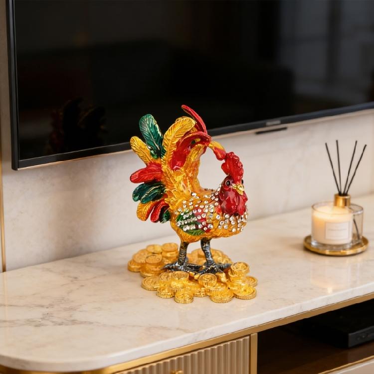 Premium Alloy Rooster Figurine Box With Enamel Finish For Safekeeping Valuables And Gifts Jewelry Organiser