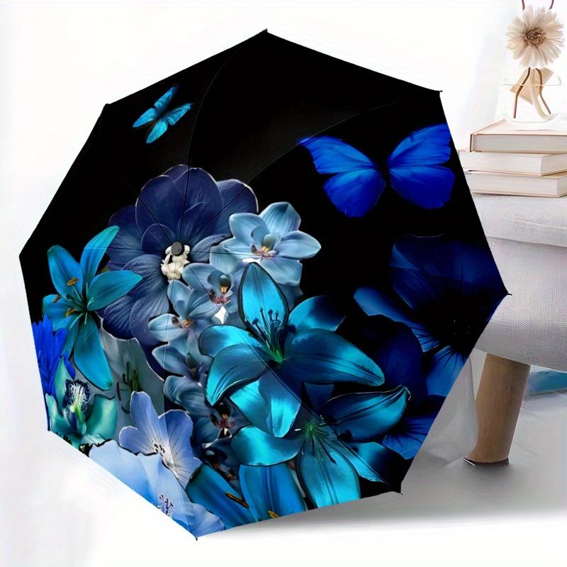 1pc Blue Floral Butterfly Automatic Open/close Folding Umbrella, Compact Portable Travel Umbrella,Durable Construction yy250814158