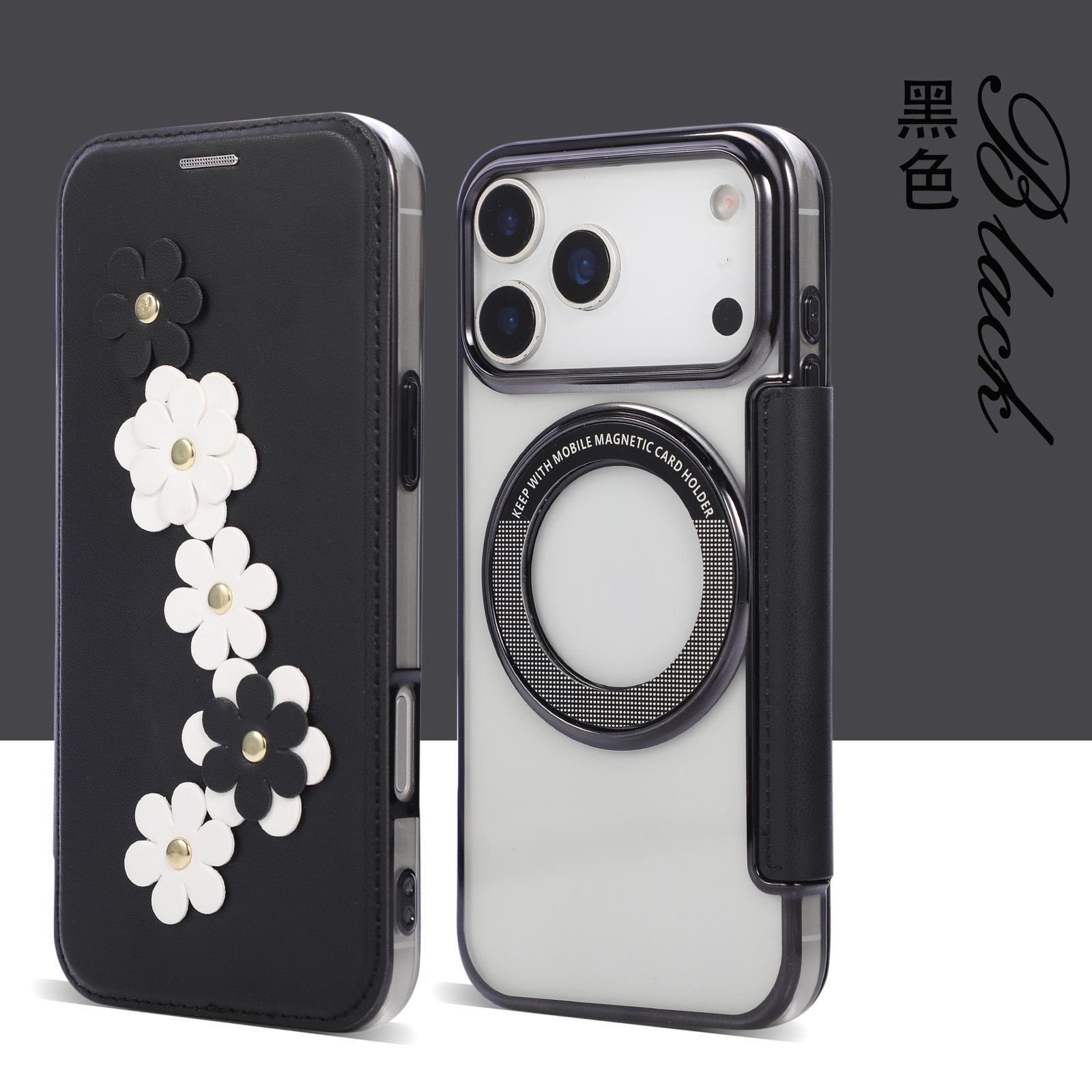 Подходит для iPhone17 кожаный чехол, Samsung S26 цветочный гальванизированный ТПУ магнитный защитный чехол 16Pro вставляемая карта противоударный чехол iPhone12/12Pro чёрный