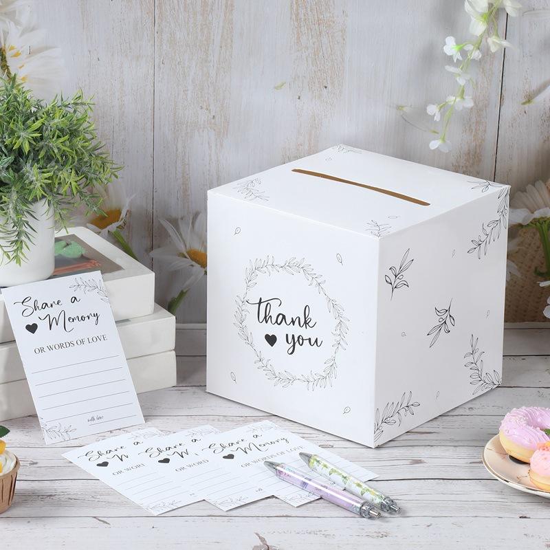 WTEMPO Festive Party Gift Boxes with Cards Writable and Graffiable White Wedding/Bridal Shower/Proposal Cards Boxes, DIY Foldable Universal Vote Boxes
