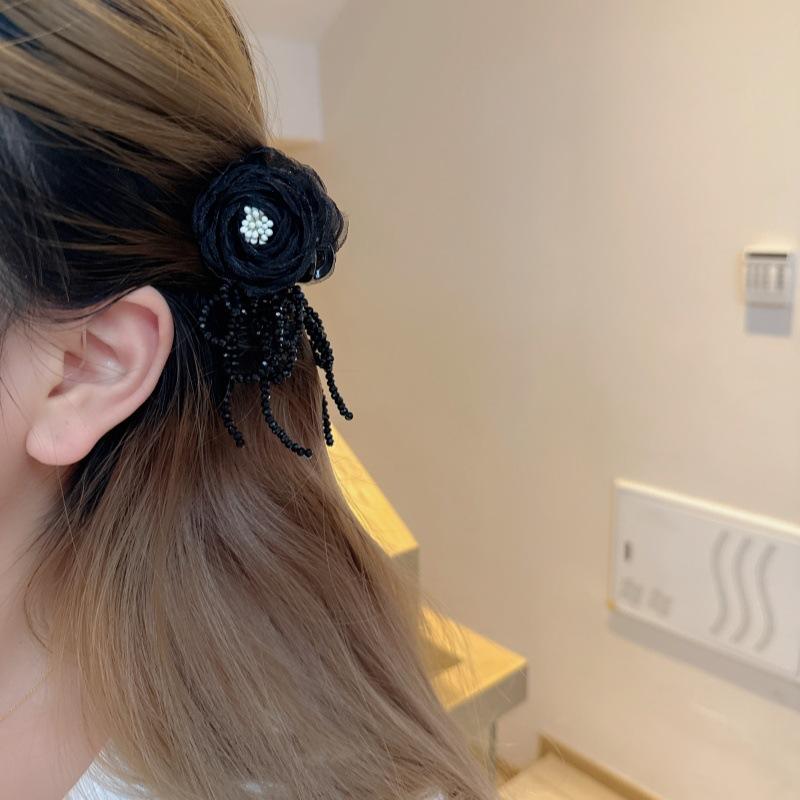 Netting and Crystal Fringe, Rose Flower Side Hairpin, Soft and Fairy-like Style, Women's Hair Accessories, Claw Clip, Hairpin