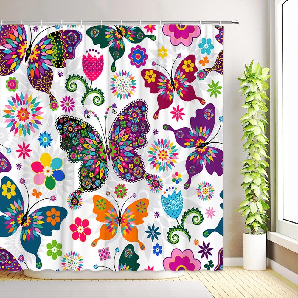 Boho Floral Shower Curtain Hummingbird Modern Abstract Flowers Plant Tropical Leaves Butterfly Bathroom Curtains with Hooks
