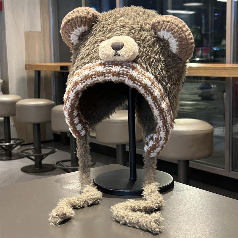 

Cute Bear Ears Plush Hat Women s Winter Thickened Warm Ear Protective Hat Versatile Face Showing Small Knitted Lei Feng Hat M（56-58cm）