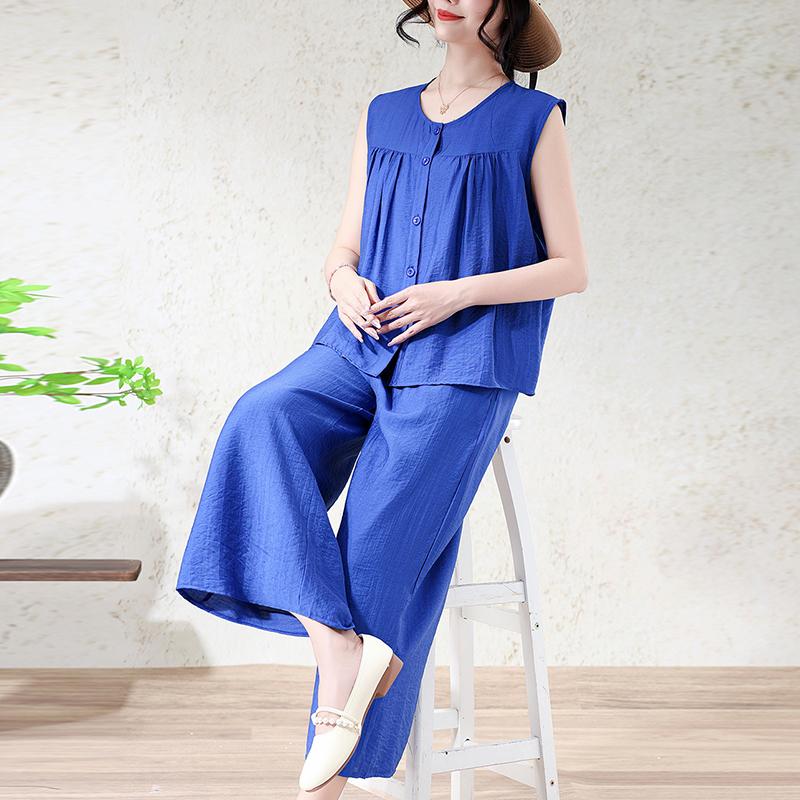 Women's Plus Size 2-Piece Set, Linen-cotton Sleeveless Button Top & Wide Leg Pants (XL-7XL)