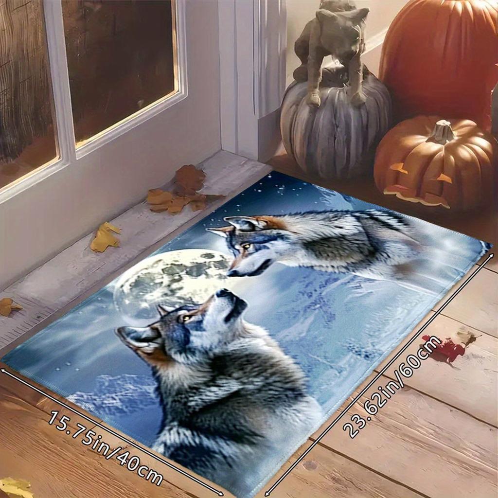 Wolf Moon Doormat Welcome Mat Outdoor Entrance Rug for House Pet Decor Waterproof Wolf Print Forest Trail Mat