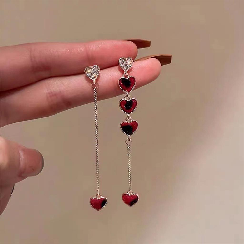 Exquisite Full Red Rhinestone Love Heart Drop Earrings For Women Luxury Shiny Crystal Red Color Love Heart Earring Party Jewelry