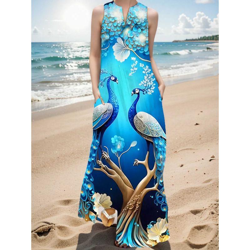 Plus Size Women's New Chinese Style 3D Peacock Dress Elegant All-Matching Sleeveless Vest Skirt Long Loose Floral Skirt