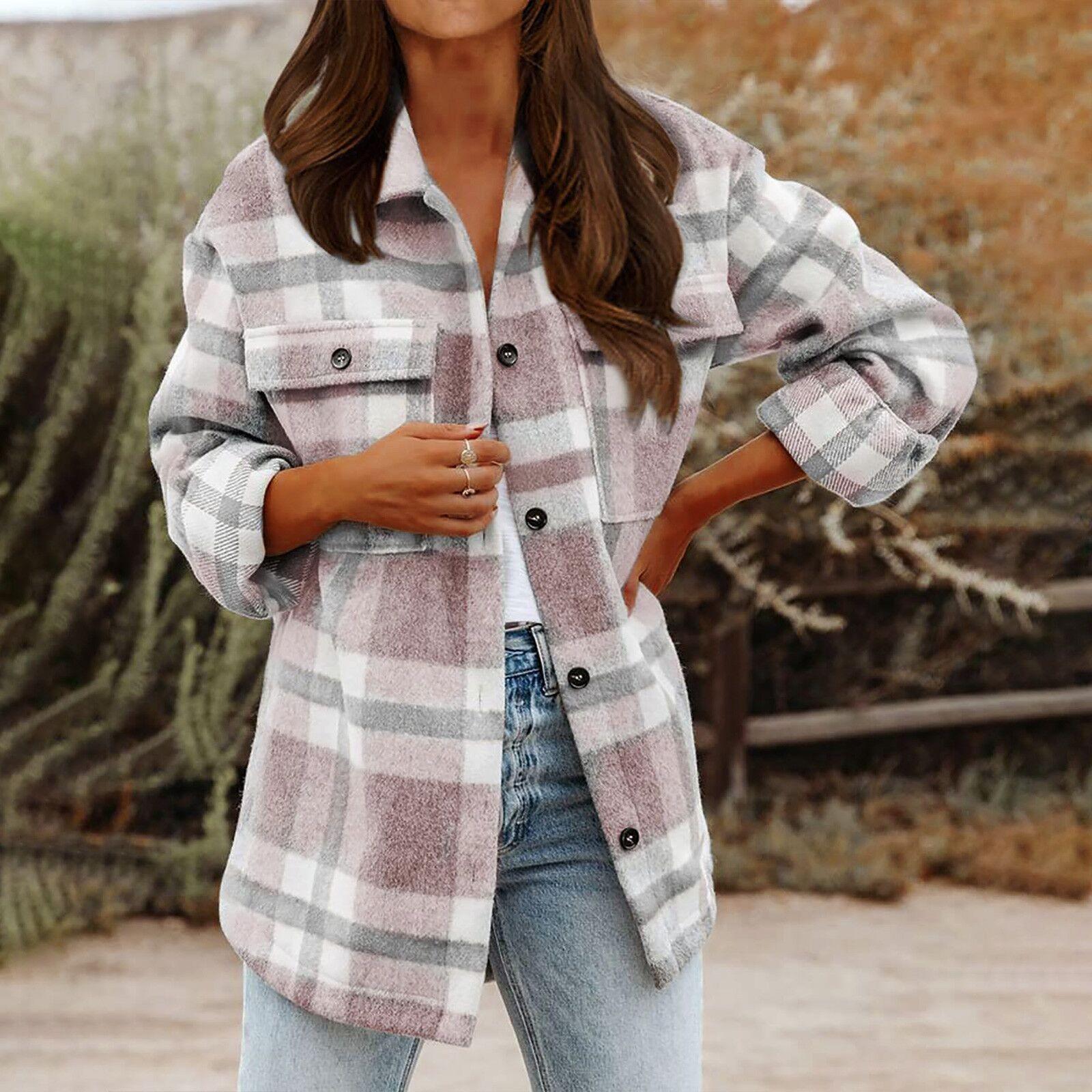 

Женская повседневная клетчатая куртка на пуговицах с длинными рукавами и карманами L розовый