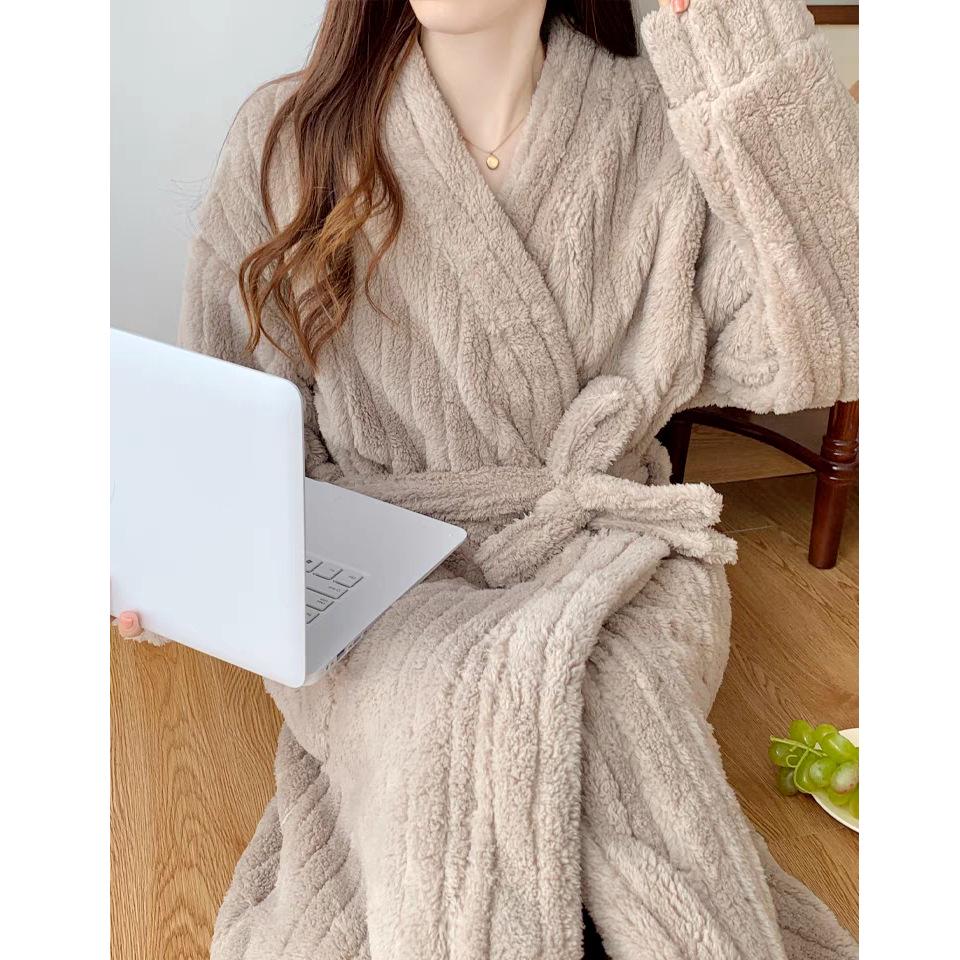 Women's 2025 Autumn/Winter Plush Pajama Set: Vertical Stripe Robe & Lined Nightgown