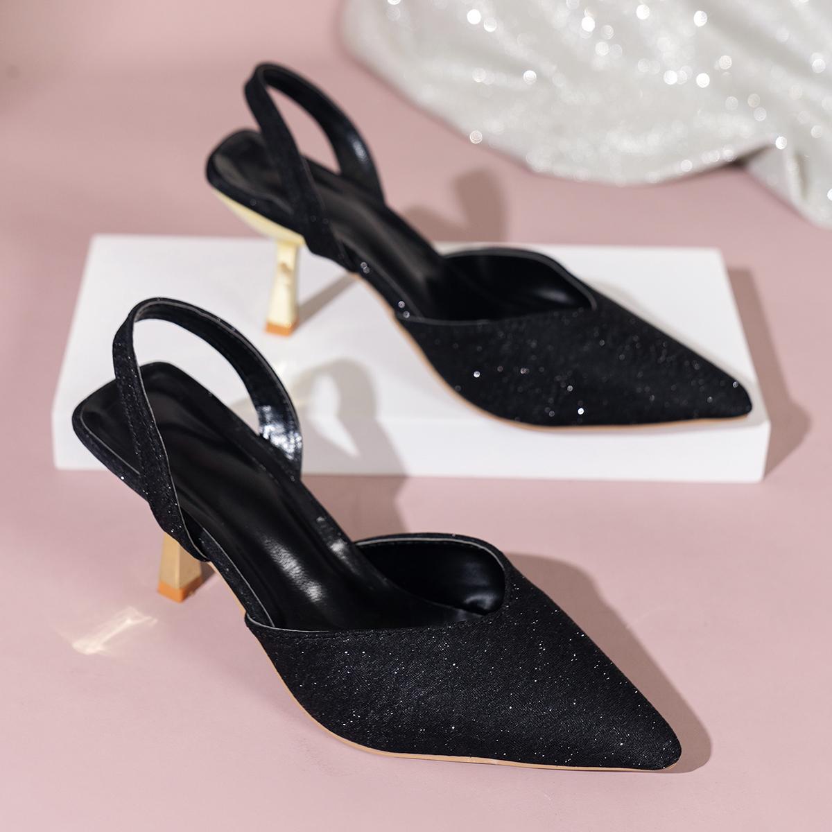 

Женские босоножки на высоком каблуке, летние пикантные вечерние пикантные вечерние сандалии с острым носком, однотонные уличные женские сандалии на блестящем тонком каблуке 43