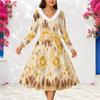 Women Plus Size V Neck Furry Trim Long Sleeve Belted Abstract Print A Line Midi Dress