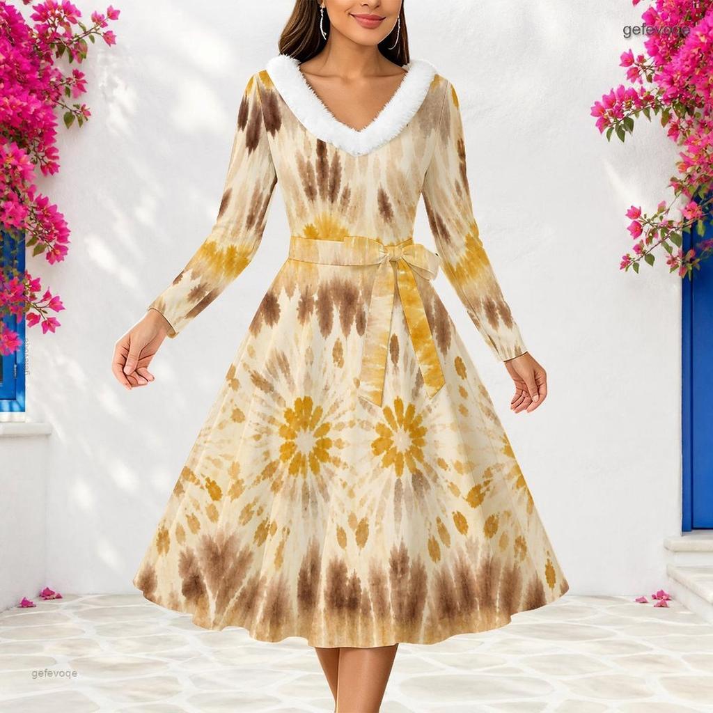 Women Plus Size V Neck Furry Trim Long Sleeve Belted Abstract Print A Line Midi Dress