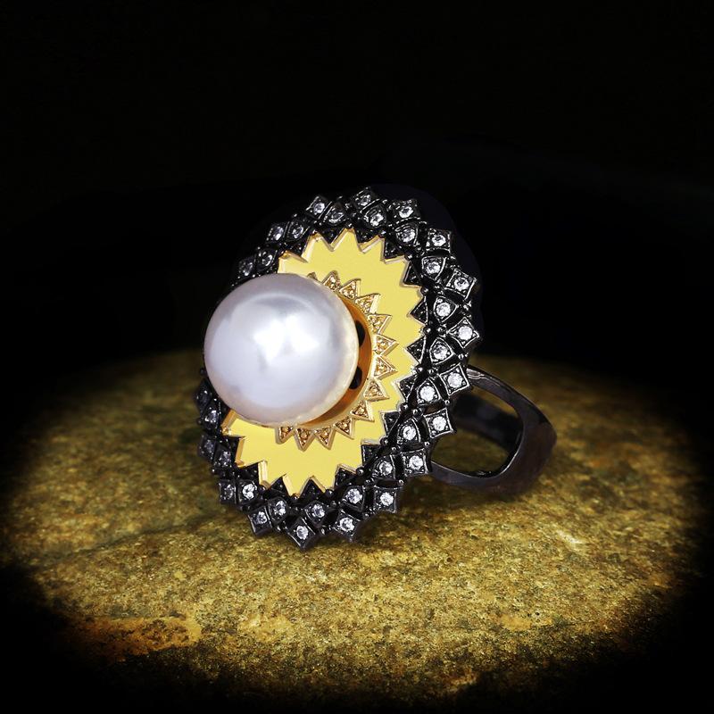 Weben Gold Schnitzhandwerk Italienischer Retro-Stil Gold Nanyang Goldperle Hof Gebürsteter Ring Schwarzgold Zweifarbiger Ring