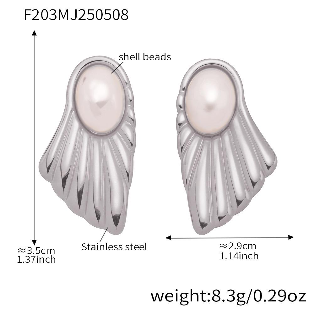 Qiong Yao Mother-of-Pearl Fan Stud Earrings, Stainless Steel, Fashionable  Colorfast for Women