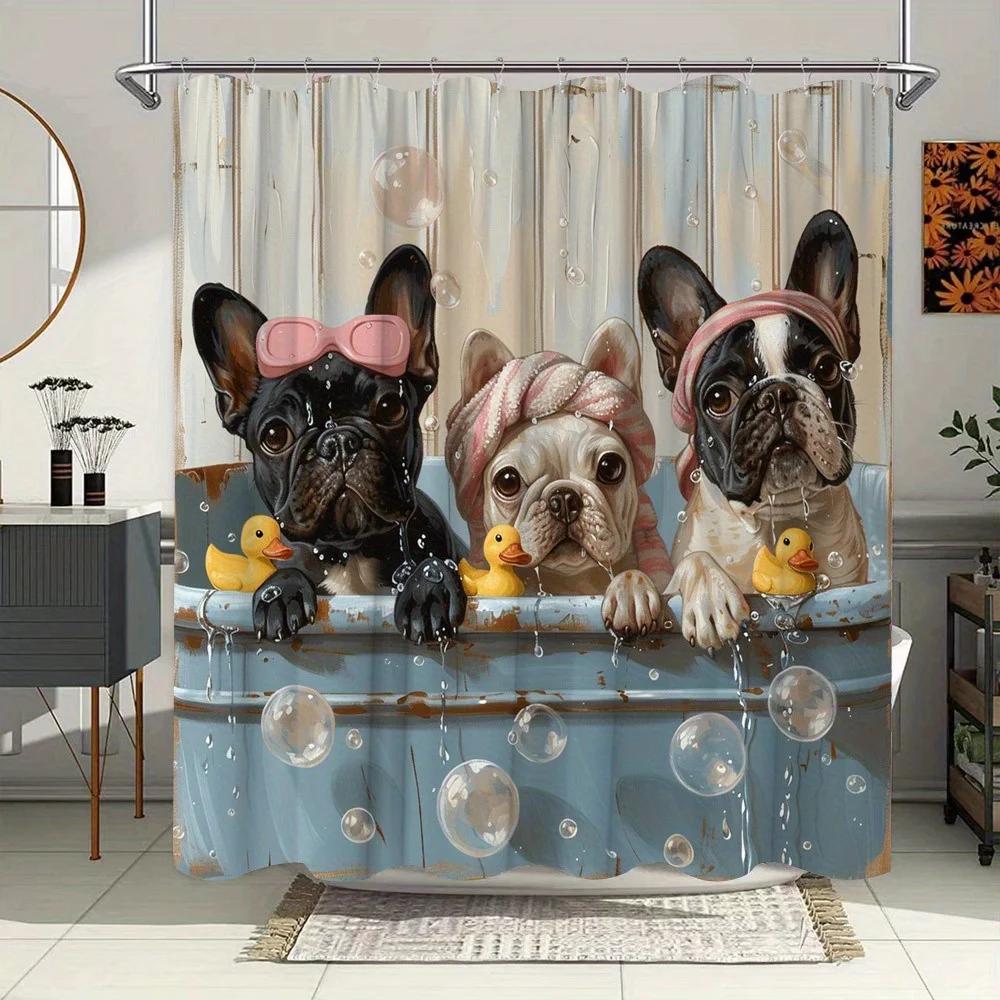 Annier Cute French Bulldog Shower Curtain - Playful Bathing Scene, Fashion Glasses & Towels, Polyester, 12 Hooks, Whimsical Art