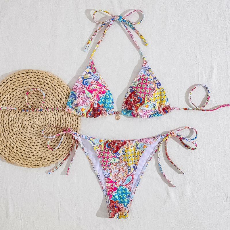Women's Sexy Slim Fit Bikini Set, Tropical Print Halter Lace-up Triangle Swimsuit