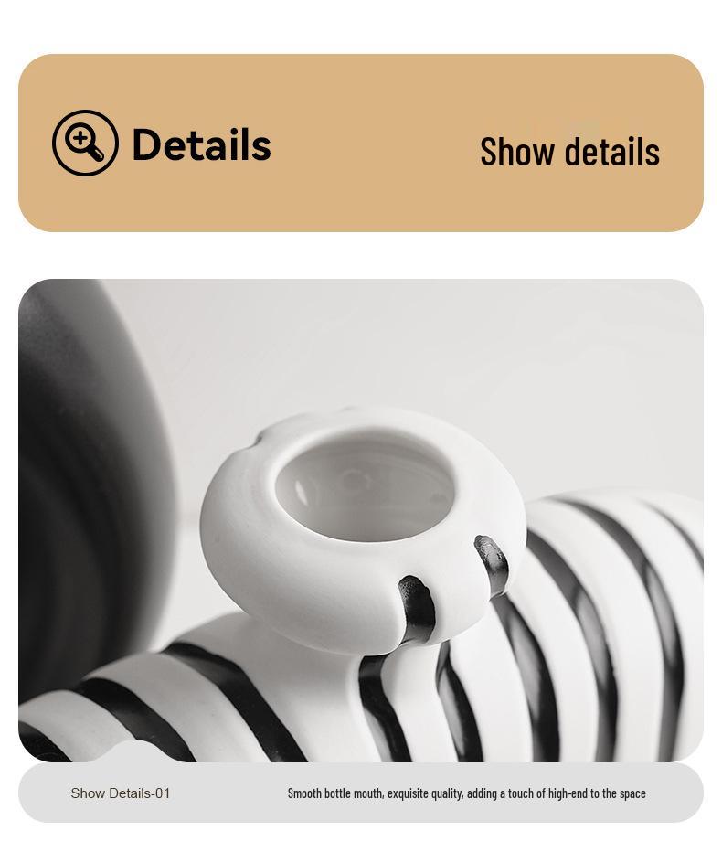 Elegant Wabi-Sabi Ceramic Vase with Black and White Stripes - Perfect for Living Room Decoration and Floral Arrangements