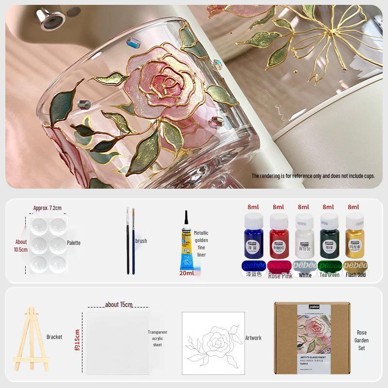 Rose Jasmine Moonlit Night Glass Paint Set with Osmanthus Scent and Gold Edge Hand-Painted Cup & Outlining Pen