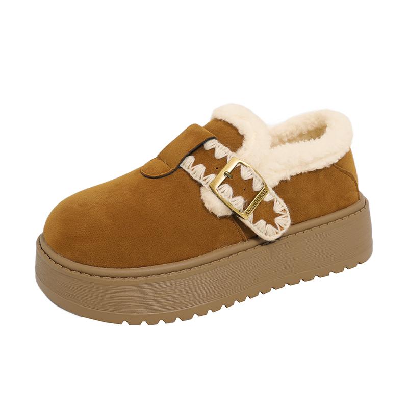 2025 Fashionable Versatile Women's Cotton Shoes Thick Bottom Loafers Winter Warm Fleece Lined Flat Heel round Toe Shoes