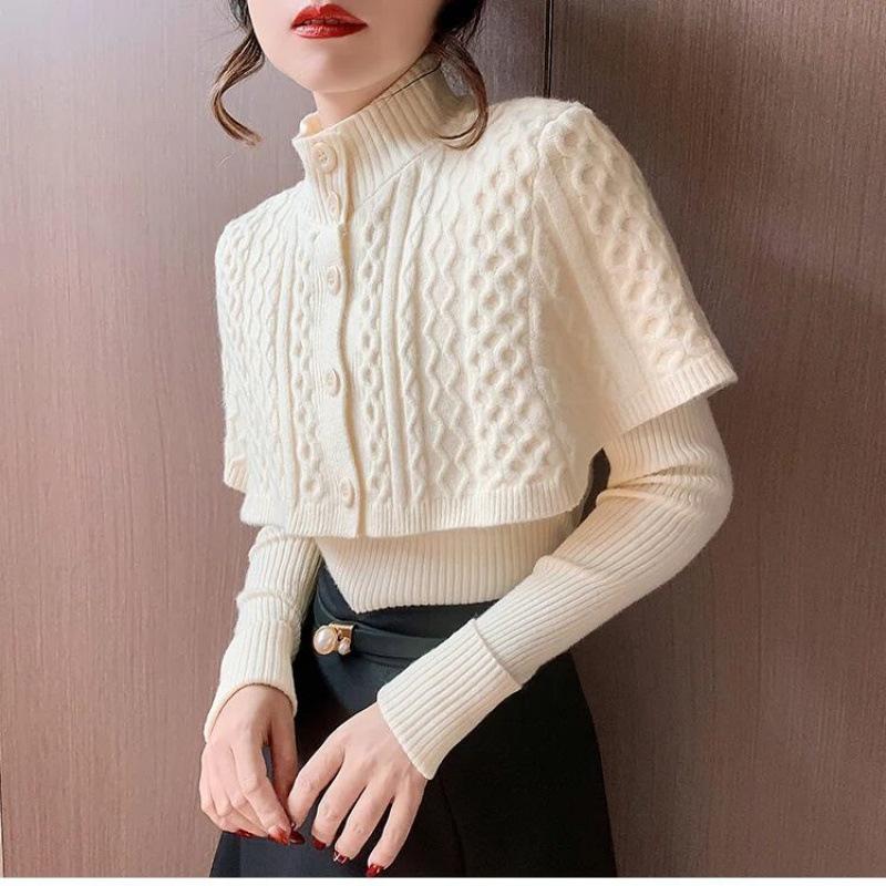 Temperament Cape Knit Two Piece Set Women Fashion V Neck Long Sleeve Pullover Sweater Stand Collar Knit Cardigan Shawl Suits