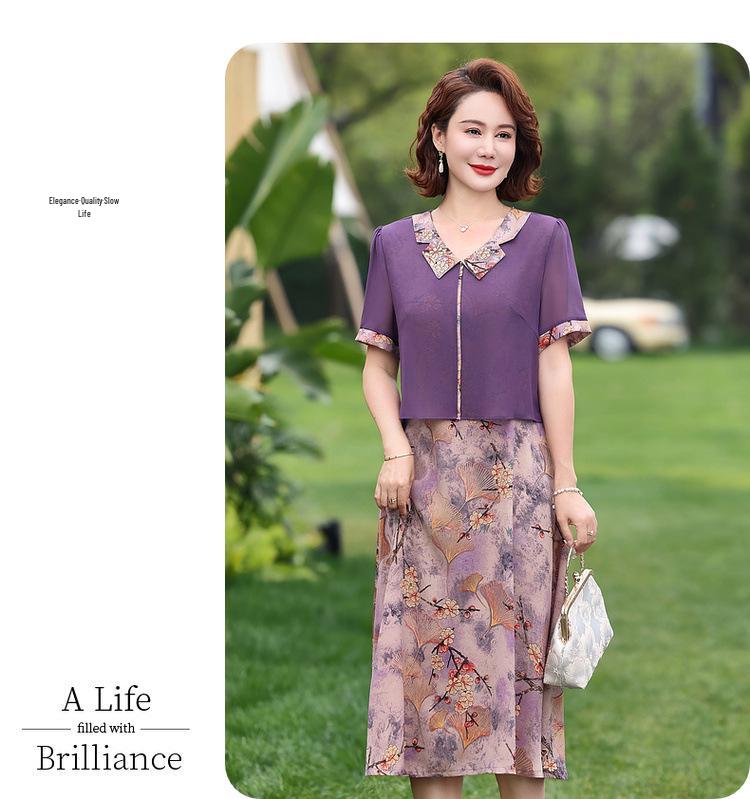 Rochie nouă de vară din șifon pentru femei de vârstă mijlocie 2025: Fustă elegantă midi cu mâneci scurte