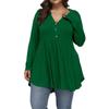 Women's Large Size Casual Solid Color V-neck Buttoned Waist And Large Hem Stitching Long-sleeved Loose T-shirt Top
