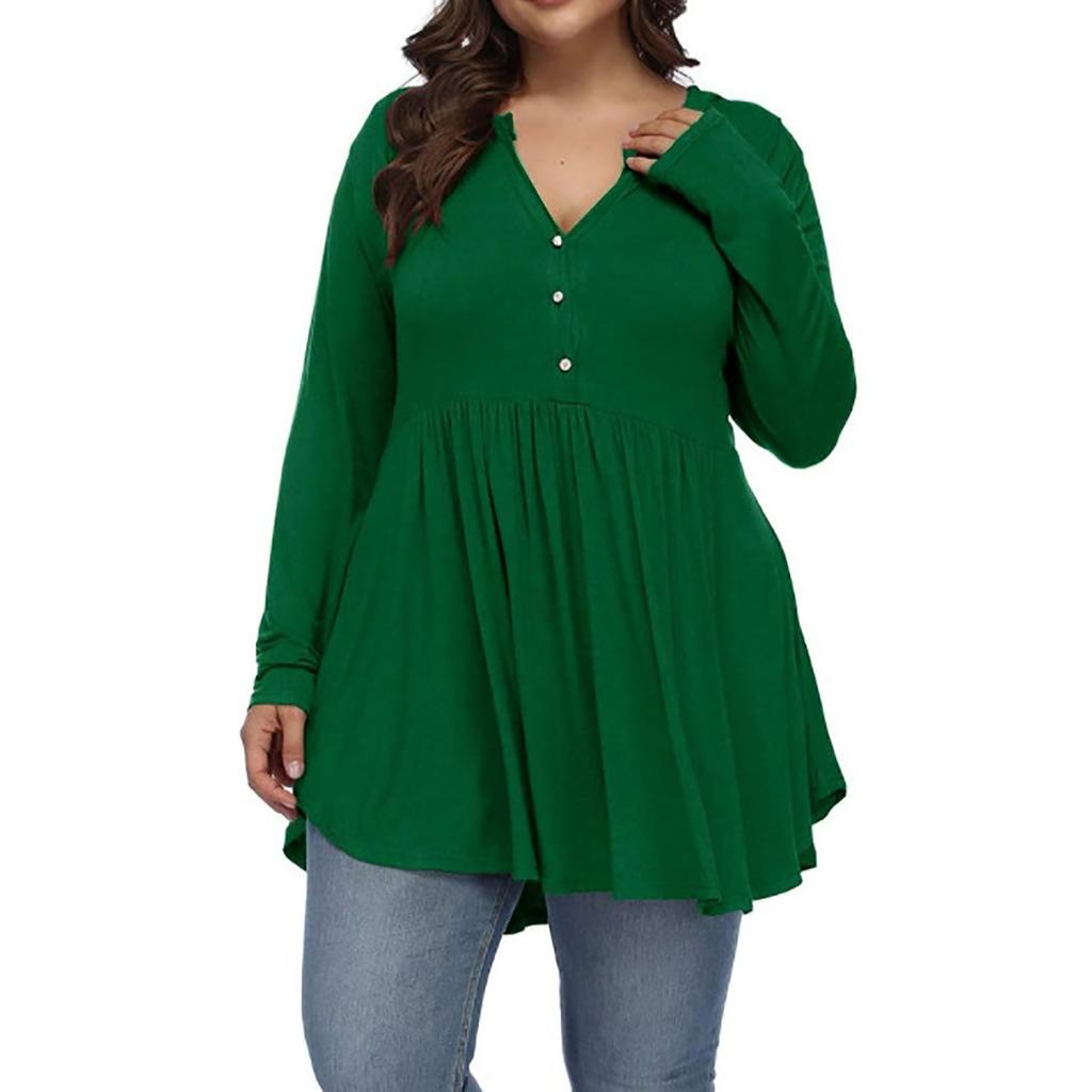 Women's Large Size Casual Solid Color V-neck Buttoned Waist And Large Hem Stitching Long-sleeved Loose T-shirt Top