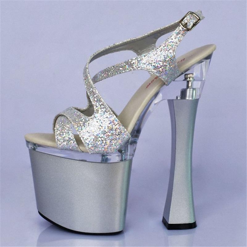 

20CM Hate Sky High Heels High Heels, Patent Leather Thick Heel Waterproof Table Glitter Sandals 46 срібний