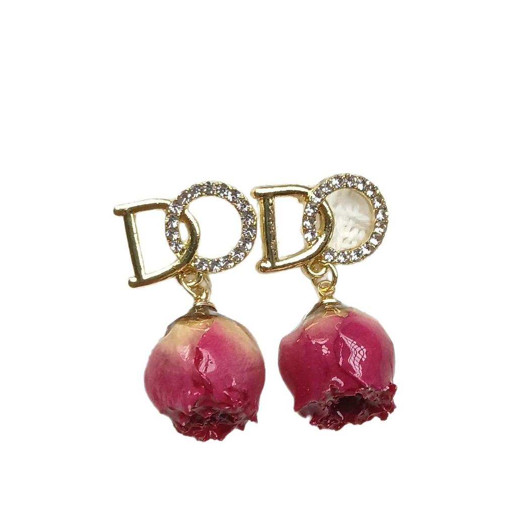 Forest Fairy Natural Rose Real Flower Long Dried Flower Tassel Earrings