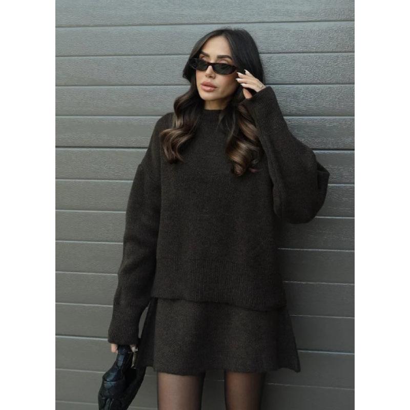 2024 Autumn Solid Color Casual Knitted Skirt Set for Women