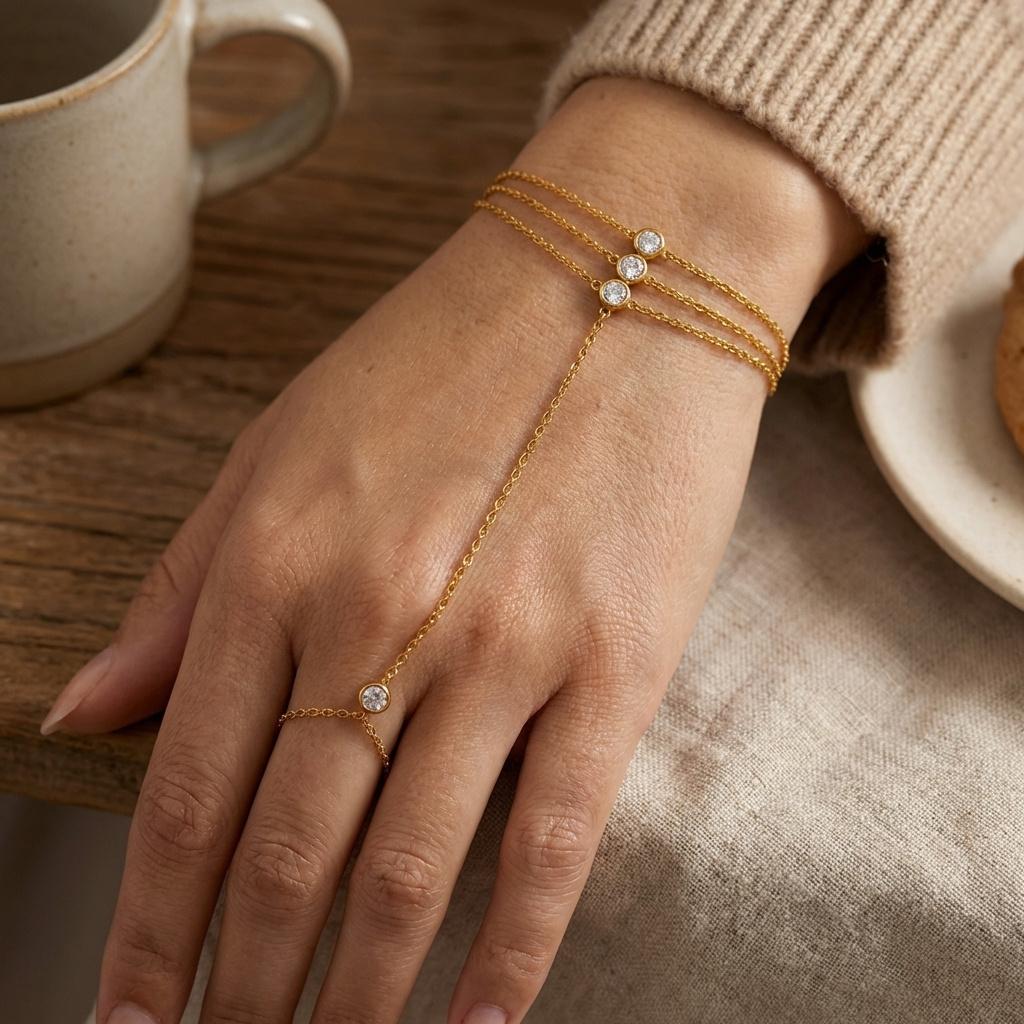 Braccialetti ad Anello per Dita Collegati con Strass Multistrato in Acciaio Inossidabile per Donna Braccialetto con Catena Sottile Fatta a Mano Gioielli da Festa