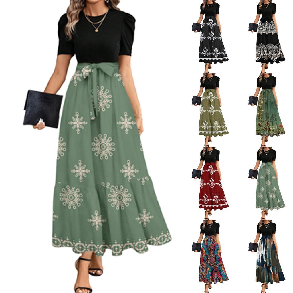Short Sleeve Women's Dress Casual Flowy A-Line Midi Tshirt Dresses With Pockets Crewneck Vocation Boho Beach Sundress