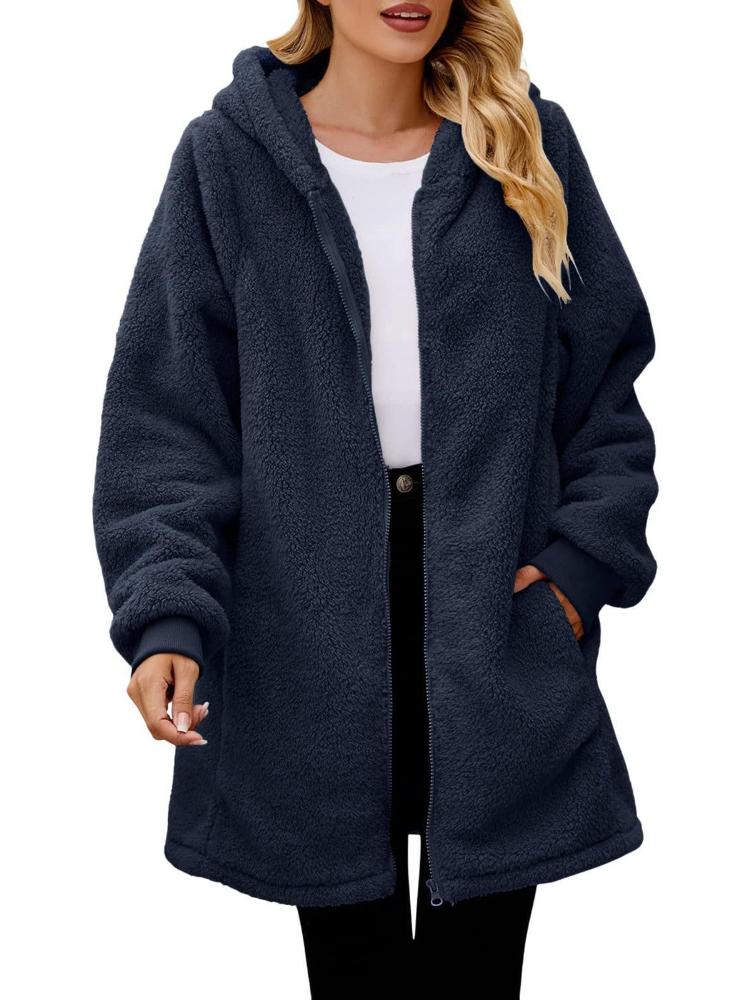 Winter loose plush women's long sleeved hooded zipper cardigan jacket