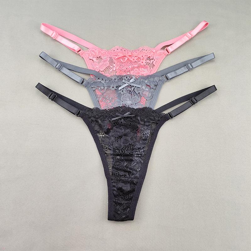 3Pcs Women's Lace Hollow Out Thongs Sheer G-Strings Sexy Ultra-low Rise Seamless Panties Perspective Bow Knickers