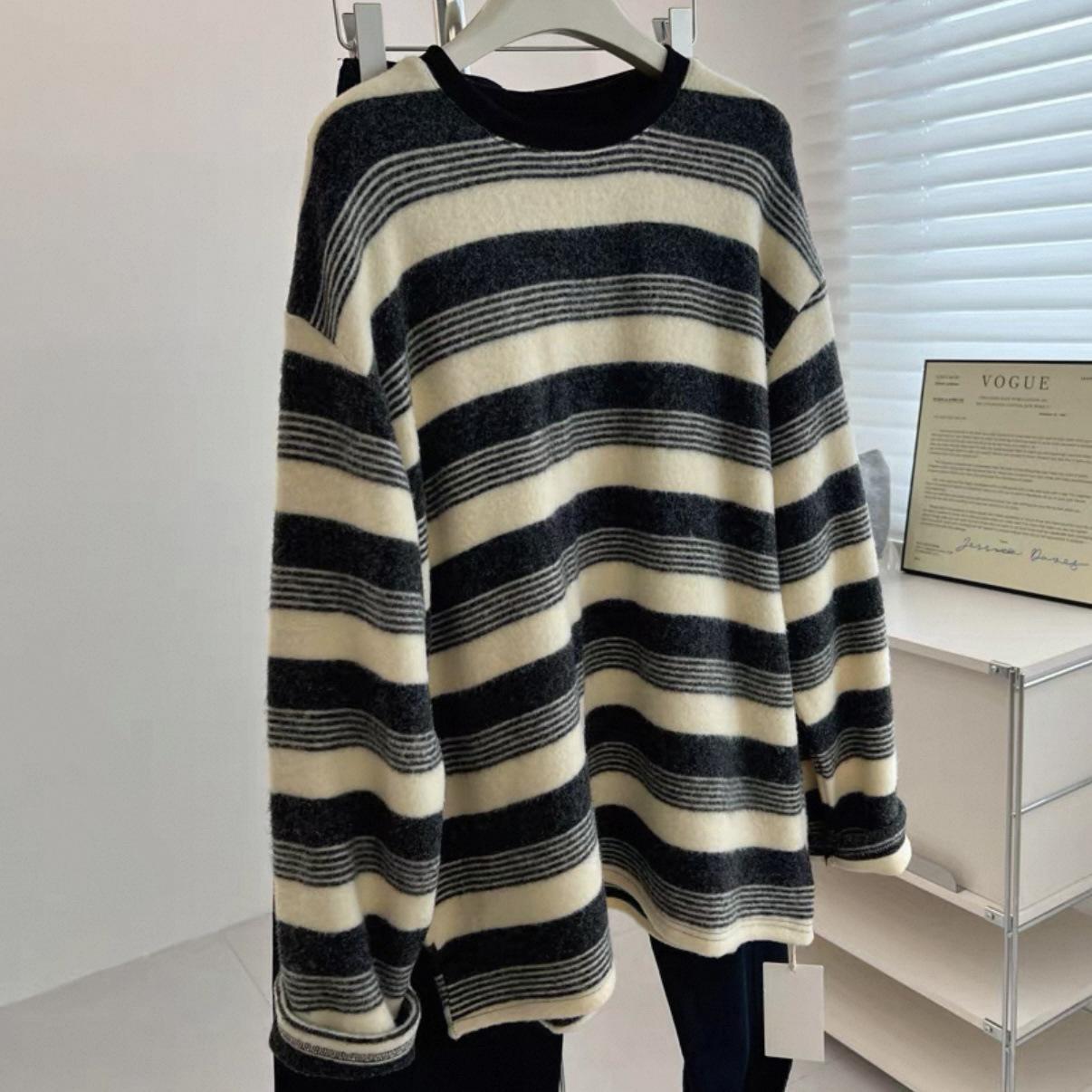 

Женская ретро-футболка в полоску из вязаного полотна с длинным рукавом - Антивозрастная, Свободный крой, Базовый слой для осени/зимы, Повседневный стиль. One Size