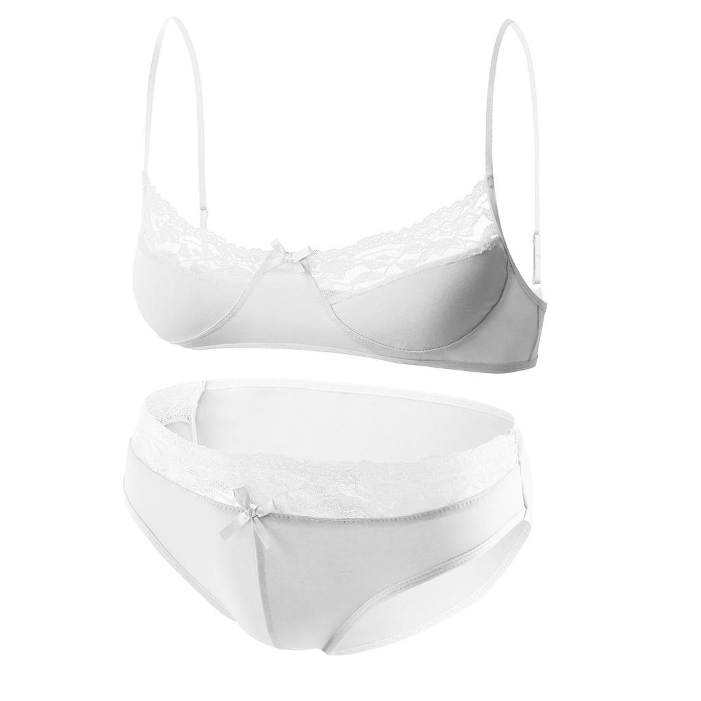 Sexy Men's Lace Trim Lingerie Panties Set Man Sissy Two Piece Crossdresser Underwear Spaghetti Strap Bra with Briefs