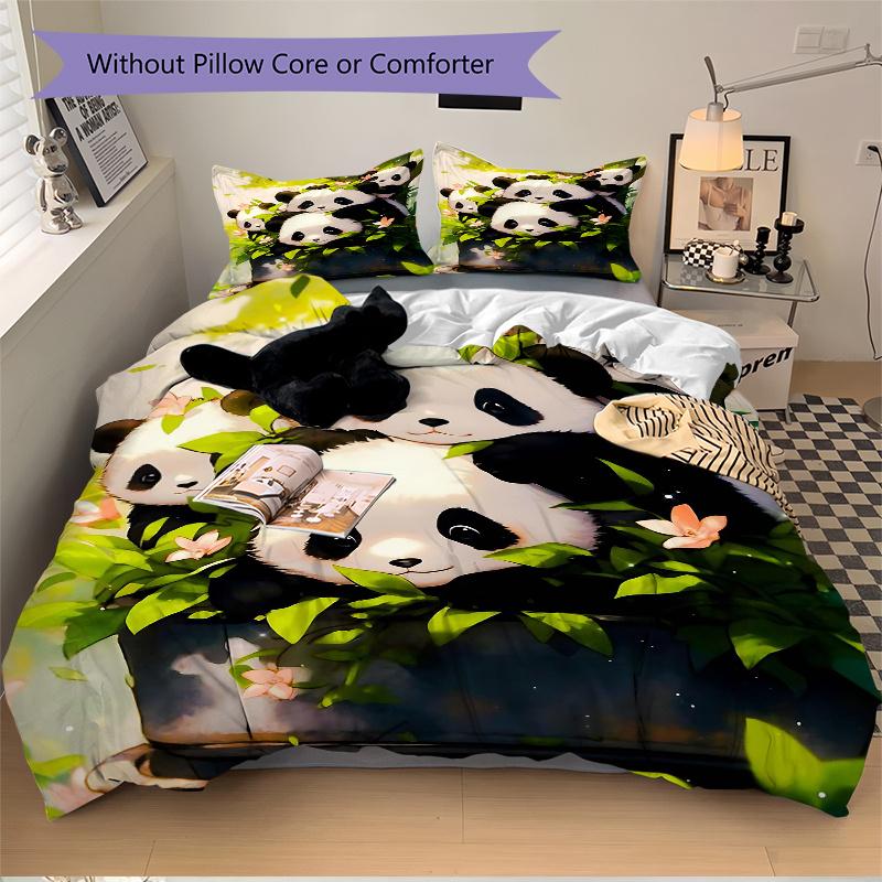 3pcs Four Winning Pandas Print Bedding Set (1 Cover + 2 Pillowcases, Without Inserts), This Printed Bedding Set is Soft and Comfortable, Sui