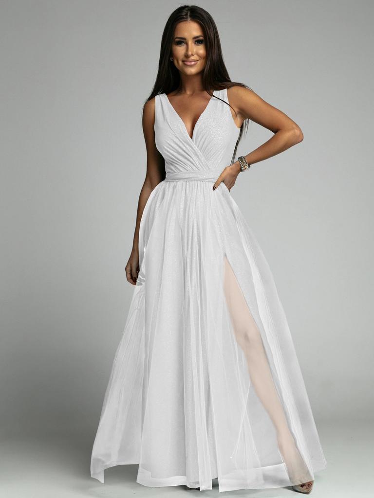 Europe and the United States Cross-border 2025 New Ma Xun Sexy V-neck Waist and Thin Split Fork Big Pendulum Shiny Dress Dress