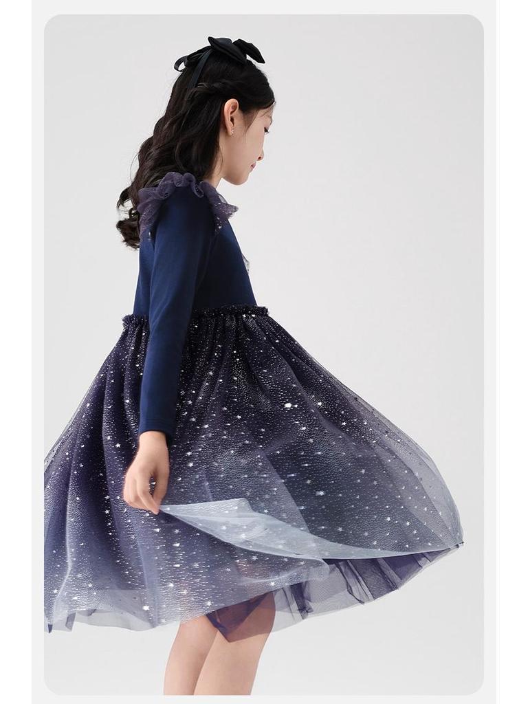 Verträumtes Sternenhimmel-Farbverlaufs-Netzkleid: Prinzessinnenkleid mit Herzchen und Strasssteinen für Mädchen