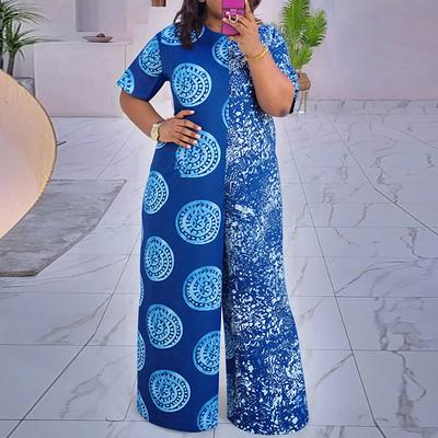 Women Plus Size O-Neck Short Sleeve Polka Dot Print Long Wide Leg Jumpsuits