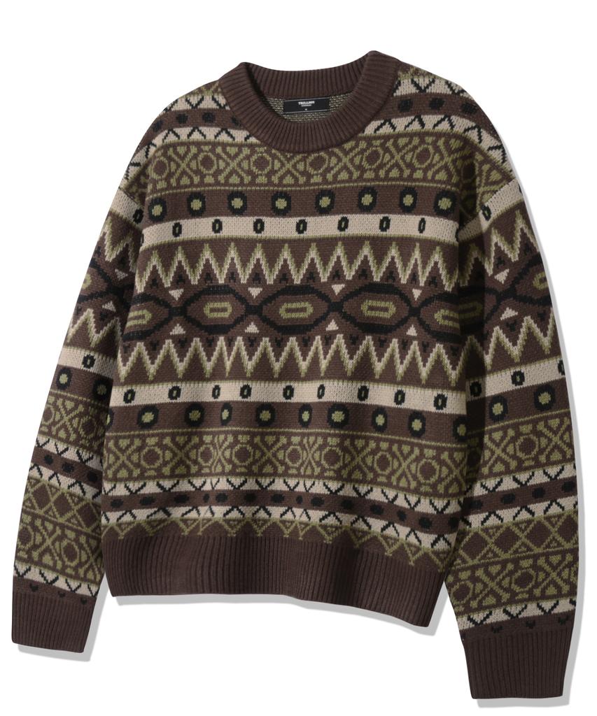 TRILLION Vintage Fair Isle Jacquard Crewneck Knit_Brown
