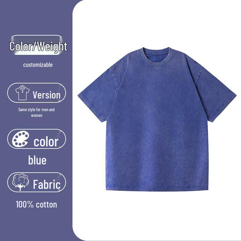 T-shirt Lavata Retrò Fiocco di Neve 230g, Stile Europeo e Americano, Puro Cotone, Vestibilità Larga Girocollo Pullover, T-shirt Uomo Pesante.