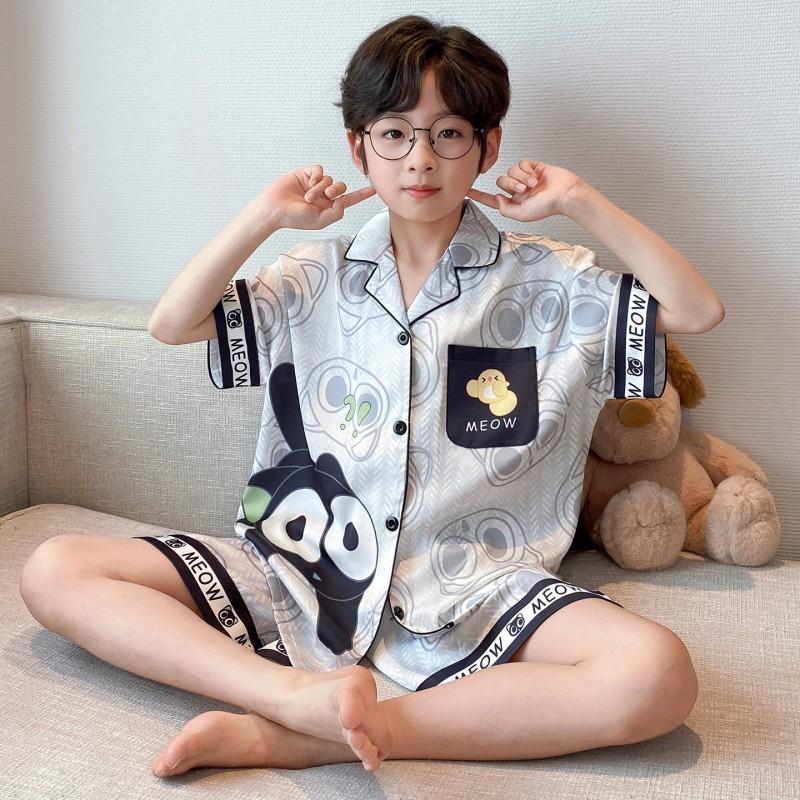 Boys Ice Silk Pajama Set Short Sleeve Shorts Kimono Style Cartoon Print Lightweight Sleepwear Kids 8