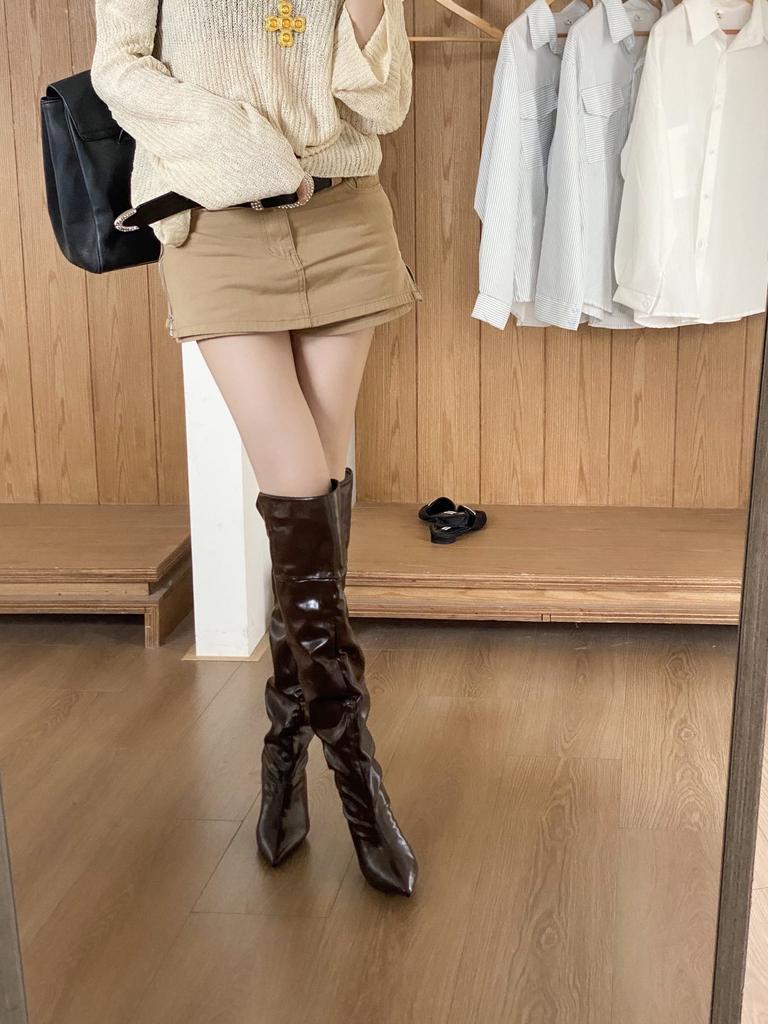 2025 new European and American style pointed and thin piled up over the knee two wear high-heeled boots