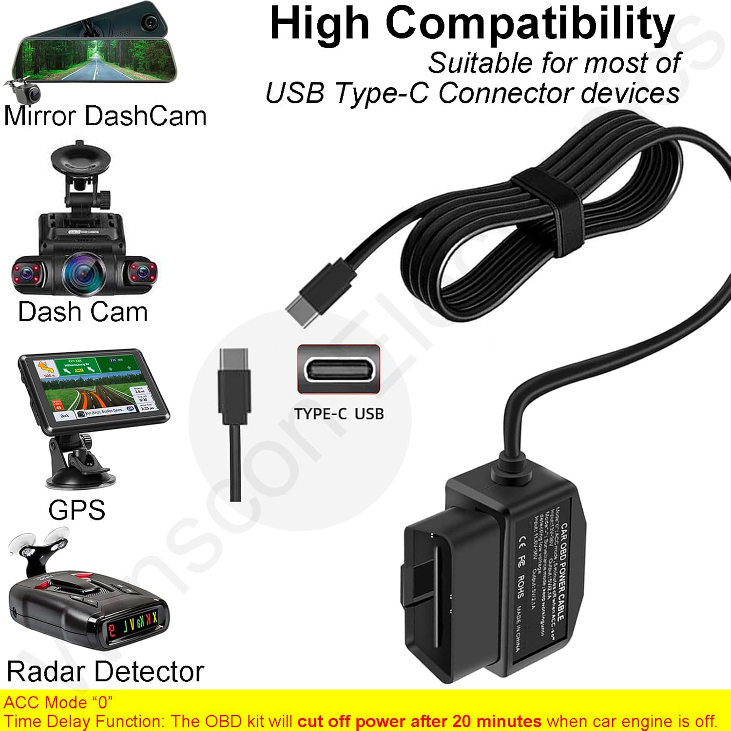 Dash Cam Hardwire Kit OBD, Type C Dash Camera Hardwire Kit USB C with OBD Power Cable for Dashcam 12-24V to 5V/3A with Low Voltage Protection 24h