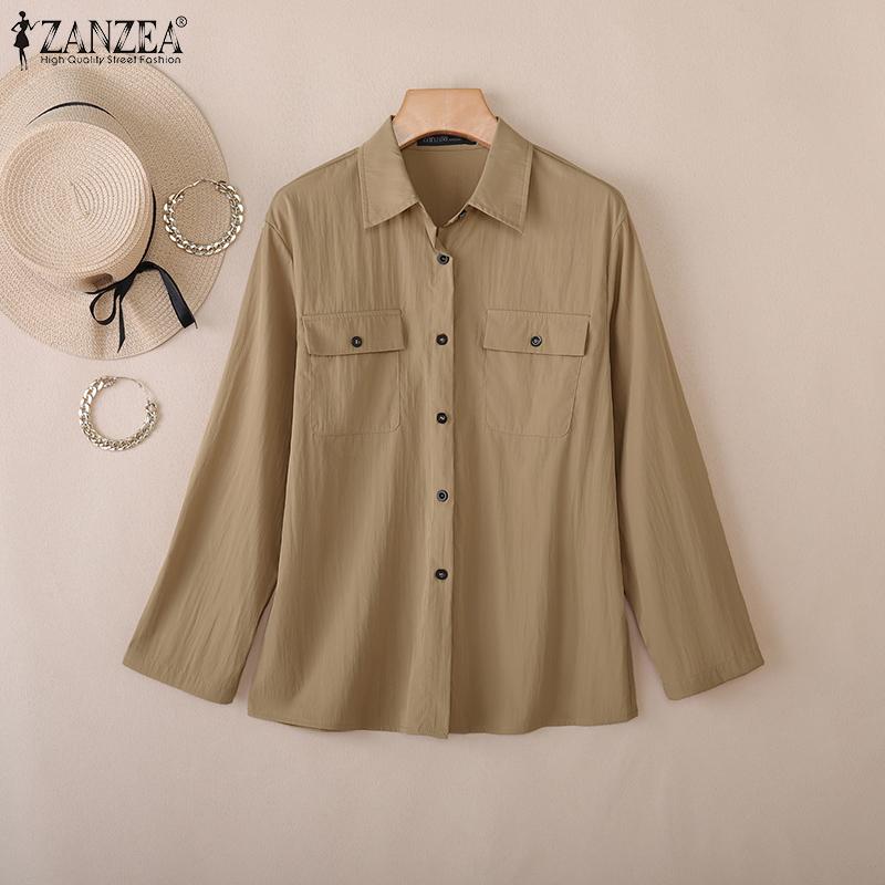 ZANZEA Women Casual Turn Down Collar Loose Long Sleeve Blouse