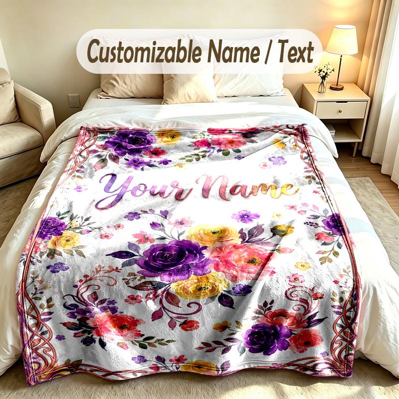 Floral Garden Theme Soft Blanket Personalized Custom Name Text Print Warm Blanket Home Sofa Bedroom Decor